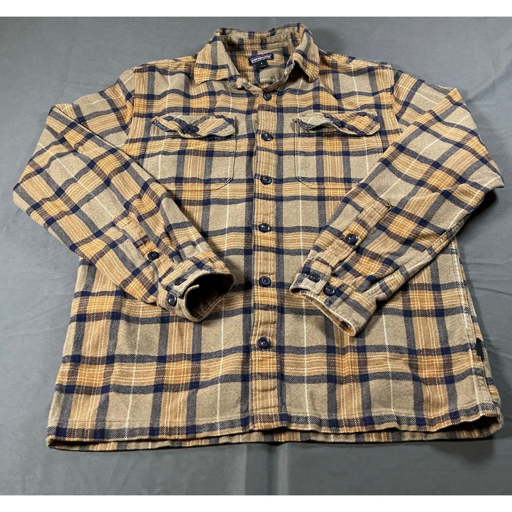 Patagonia Mens Organic Cotton Flannel Shirt S Tan Orange Navy Plaid Button Down